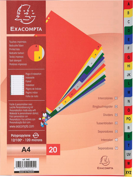 Exacompta tabbladen voor ft A4, uit PP, van A tot Z, 20 tabs, met indexblad, geassorteerde kleuren 20 stuks, OfficeTown