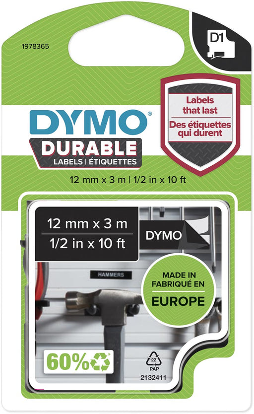 Dymo duurzame D1 tape 12 mm x 3 m, wit op zwart 6 stuks, OfficeTown