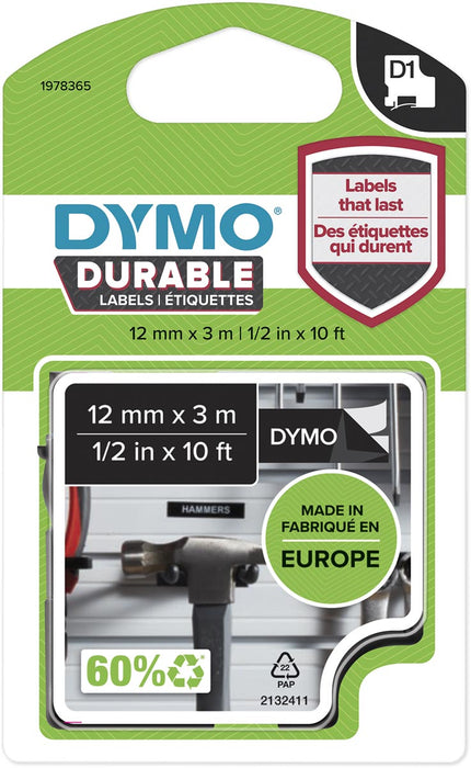 Dymo duurzame D1 tape 12 mm x 3 m, wit op zwart