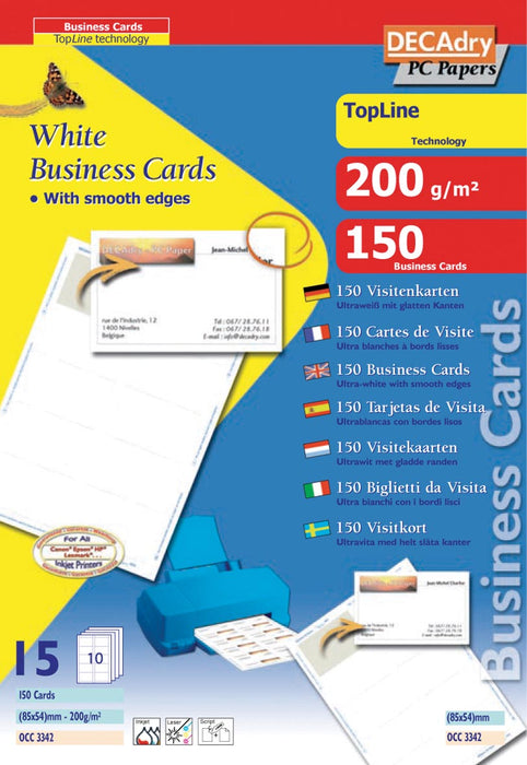Decadry visitekaarten TopLine 150 kaartjes (10 kaartjes ft 85 x 54 mm per A4), rechte hoeken
