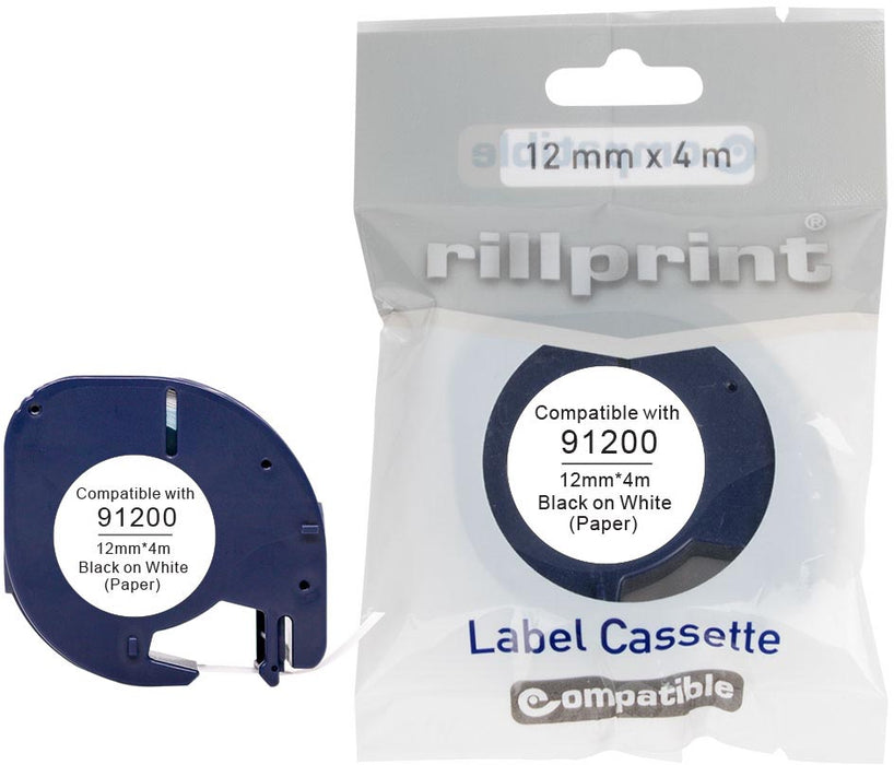 Rillprint compatibele LetraTAG tape voor Dymo 91200, 12 mm, papier, wit