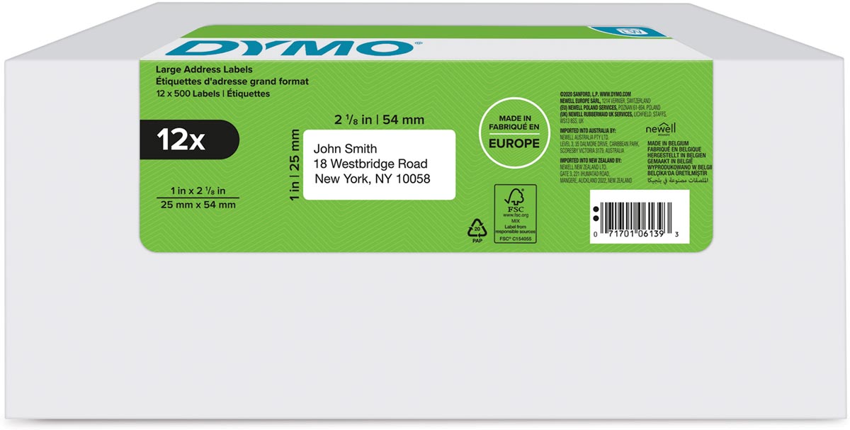 Dymo etiketten LabelWriter 25 x 54 mm, wit, 12 x 500 etiketten per doos
