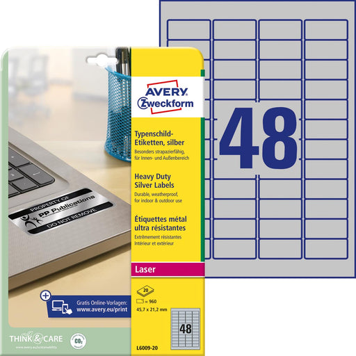 Avery ultra-sterke zilverkleurige etiketten ft 45,7 x 21,2 mm (b x h), 960 stuks, 48 per blad 5 stuks, OfficeTown