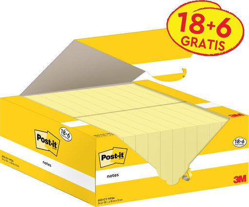 Post-it Notes, 100 vel, ft 38 x 51 mm, kanariegeel (canary yellow), 18 blokken + 6 GRATIS Post-it