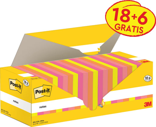 Post-it Notes, 100 vel, ft 76 x 76 mm, assorti, 18 blokken + 6 GRATIS Post-it