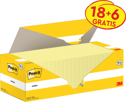 Post-it Notes, 100 vel, ft 76 x 76 mm, kanariegeel (canary yellow), 18 blokken + 6 GRATIS Post-it