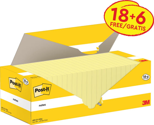 Post-it Notes, 100 vel, ft 76 x 127 mm, kanariegeel (canary yellow), 18 blokken + 6 GRATIS Post-it