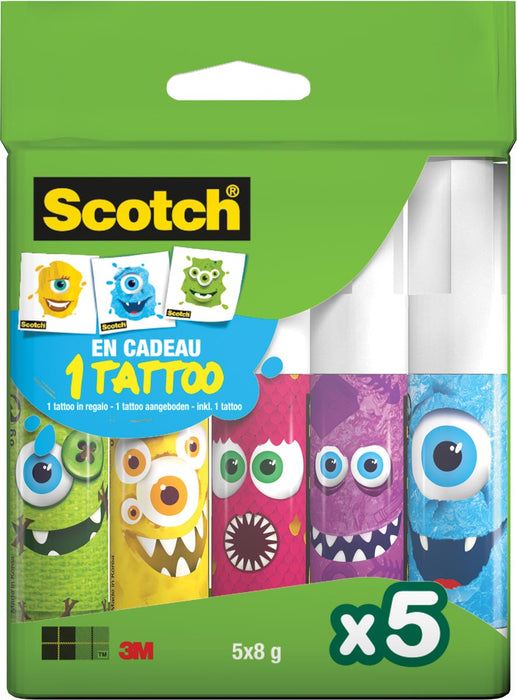 Scotch Monster Lijmstift Set van 5 x 8 g, 2 Clipstrips van 12 dozen per strip
