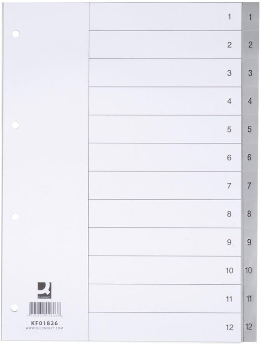 Q-CONNECT tabbladen set voor ft A4, grijs, 1-12, met indexvel, 25 stuks