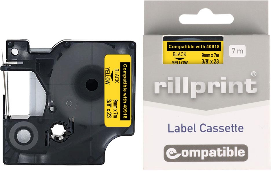 Rillprint compatibele D1-tape voor Dymo 40918, 9 mm, zwart op geel
