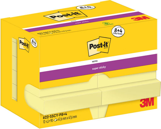 Post-It Super Sticky Notes, 90 vel, ft 47,6 x 47,6 mm, geel, 8 + 4 GRATIS 24 stuks, OfficeTown