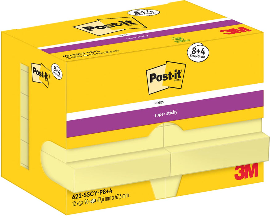 Post-It Super Sticky Notes, 90 vel, ft 47,6 x 47,6 mm, geel, 8 + 4 GRATIS