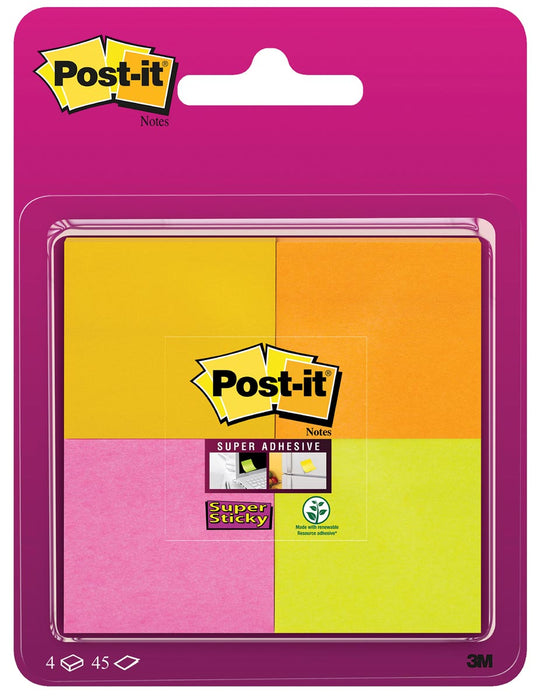 Post-It Super Sticky notes, 45 vellen, formaat 47,6 x 47,6 mm, blister van 4 blokken in verschillende kleuren