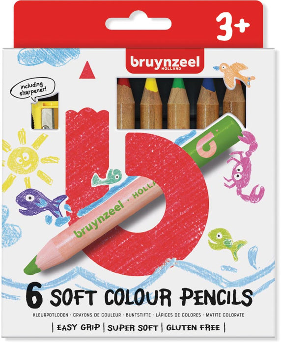Bruynzeel Kinderen zachte kleurpotloden, set van 6 stuks in verschillende kleuren