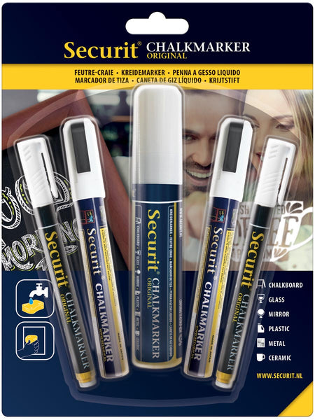 Securit krijtmarker wit, etui met 5 stuks in geassorteerde diktes