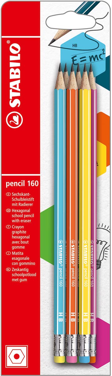 Stabilo grafietpotlood 160 HB met gom, blister met 6 stuks in geassorterde kleuren 10 stuks, OfficeTown