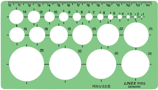 Linex cirkelsjabloon 1 - 35 mm, met 22 cirkels en uitlijnmarkering 10 stuks, OfficeTown