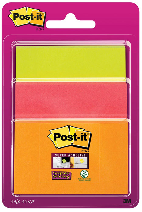 Post-it Super Sticky notes, 45 vellen, 3 formaten, assortiment neonkleuren, op blister