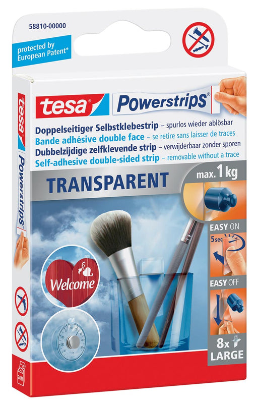 Tesa Powerstrips Transparent, draagkracht 1 kg, transparant, blister van 8 stuks 15 stuks, OfficeTown