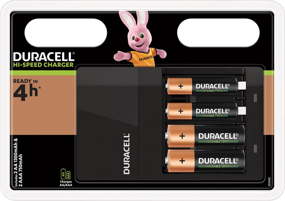Duracell oplader met hoge snelheid en waarde, inclusief 2 AA en 2 AAA batterijen