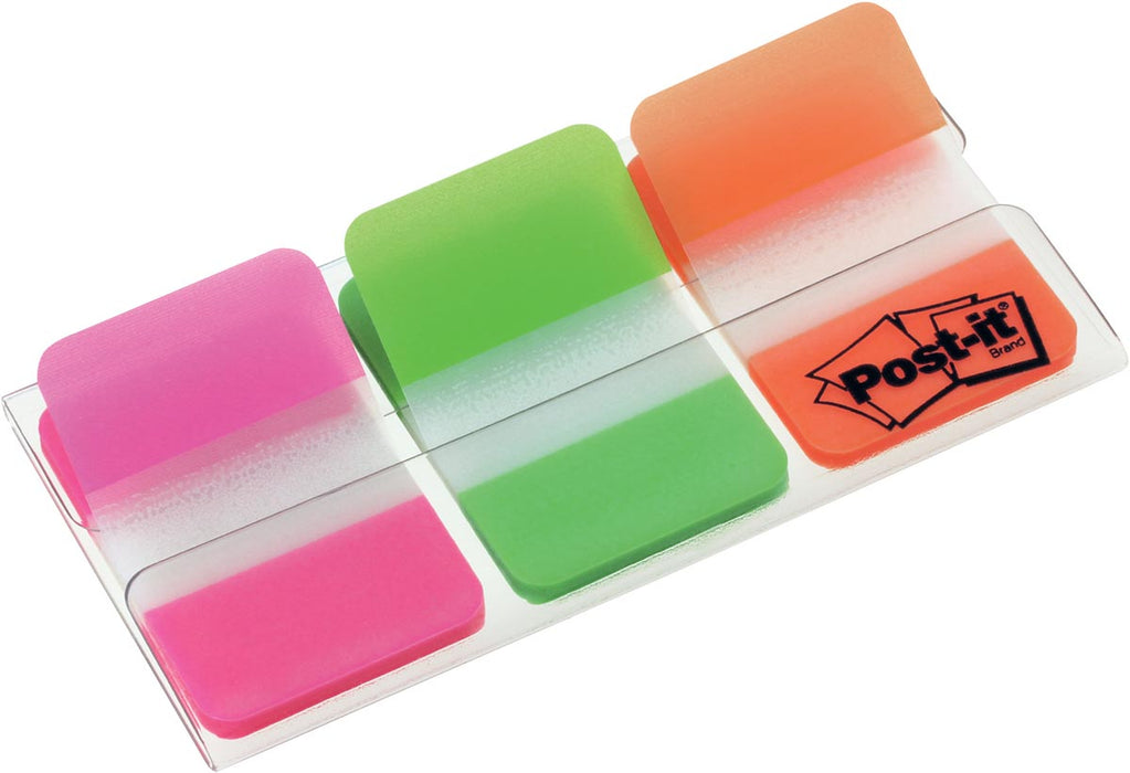 Post-it Index Sterk, 25,4 x 38 mm, set van 3 kleuren (roze, groen en oranje), 22 tabs per kleur