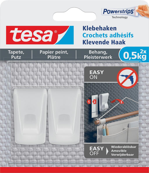 Tesa Klevende Haak, draagkracht 0,5 kg, behang en pleisterwerk, wit, 2 haken en 3 strips 8 stuks, OfficeTown