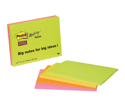 Post-It Super Sticky Meeting notes, 45 vel, ft 101 x 152 mm, geassorteerde kleuren, pak van 4 blokken 24 stuks, OfficeTown