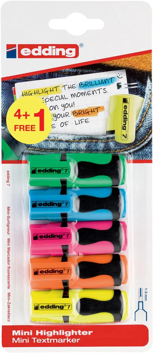 Edding mini markeerstift 7, blister met 5 stuks (4 + 1 gratis) geassorteerde kleuren, OfficeTown