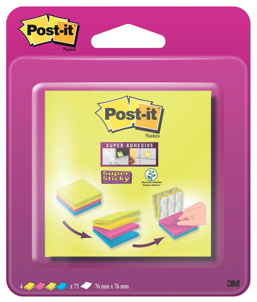 Post-it Super Sticky notes, 75 vel, ft 76 x 76 mm, blister van 4 blokken, geassorteerde kleuren 12 stuks, OfficeTown