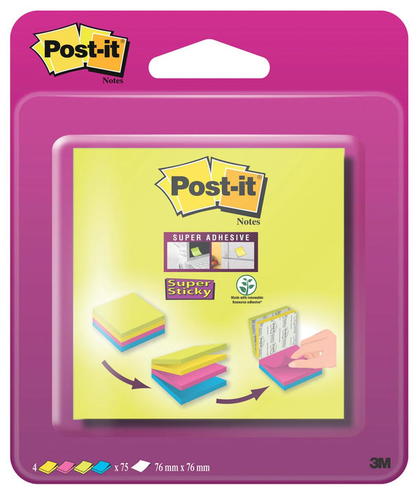 Post-it Super Sticky Notes, 75 vellen, afmeting 76 x 76 mm, blister van 4 blokken, geassorteerde kleuren
