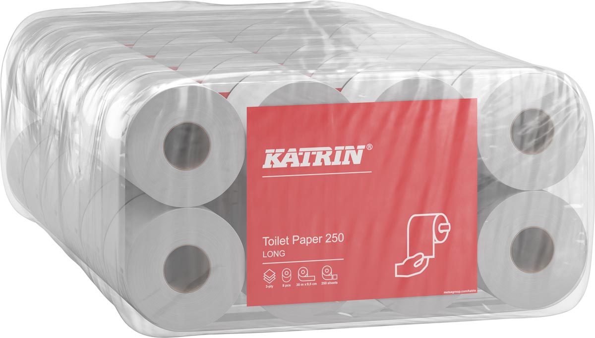 Katrin toiletpapier, 3-laags, 250 vel per rol, pak van 8 rollen 6 stuks, OfficeTown
