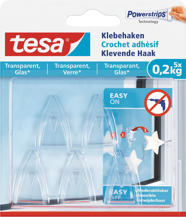 Tesa Klevende Haak voor Transparant en Glas, draagkracht 200 g, blister van 5 stuks