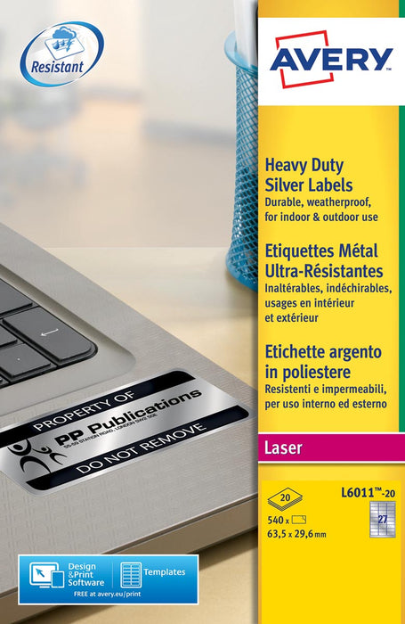 Avery L6011-20 ultra-sterke etiketten ft 63,5 x 29,6 mm (b x h), 540 etiketten, zilver 5 stuks, OfficeTown