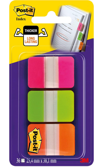 Post-it Index Strong, ft 25,4 x 38 mm, set van 3 kleuren (roze, groen en oranje), 12 tabs per kleur