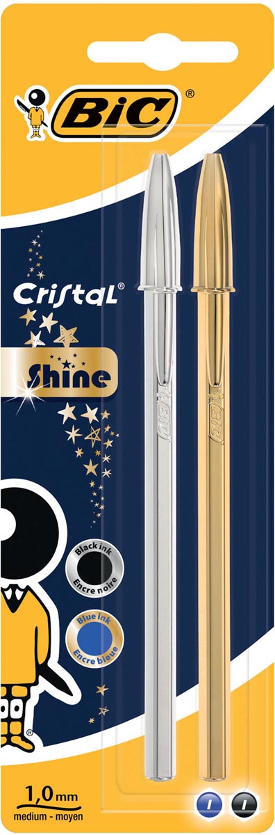 Bic balpen Cristal Shine, blister met 2 stuks (goud en zilver) 25 stuks, OfficeTown
