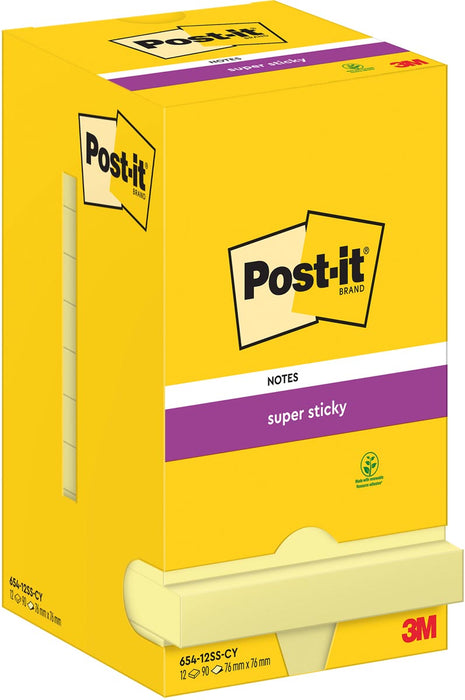 Post-It Super Sticky Notes, 90 vel, ft 76 x 76 mm, geel, pak van 12 blokken