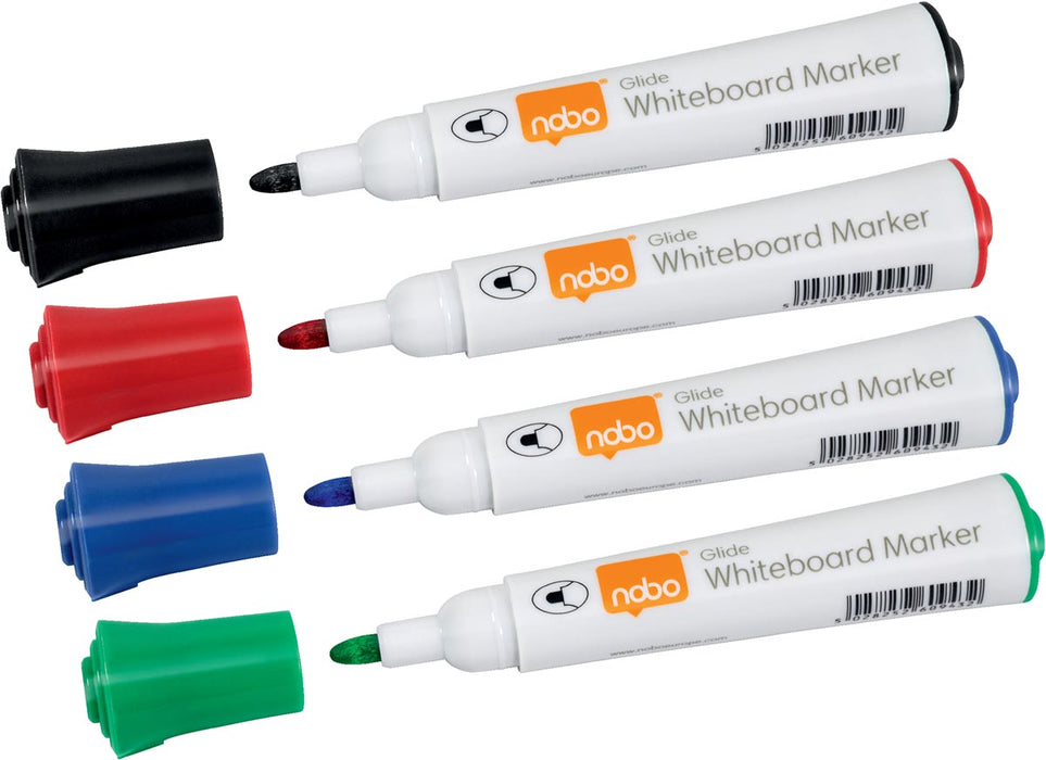 Nobo Glide whiteboardmarker, pak van 4 stuks, geassorteerde kleuren, op blister 10 stuks, OfficeTown