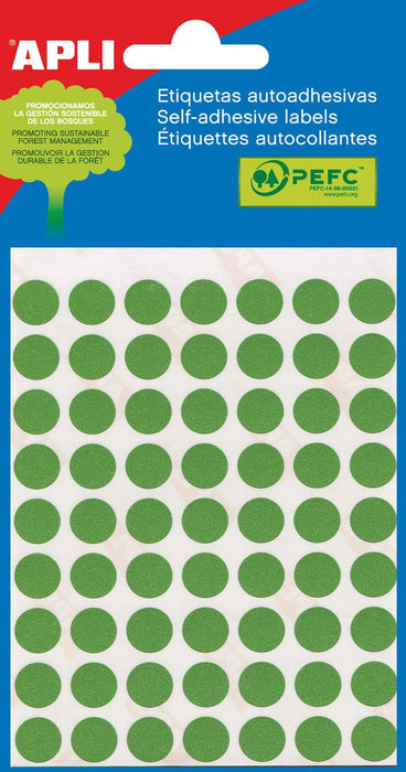 Apli ronde etiketten in etui 8 mm, groen, 288 stuks, 96 per blad (2047)