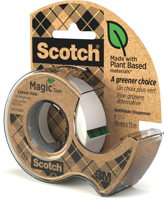 Plakband met Magic Tape een groenere keuze ft 19 mm x 15 m, op dispenser van 100 % gerecycled plastic met watergedragen, solventvrije lijm 50 % uit hout Ecologische verpakking: ja