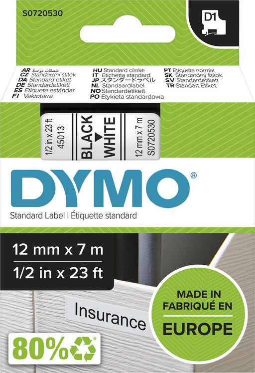 Dymo D1 tape 12 mm, zwart op wit 5 stuks, OfficeTown