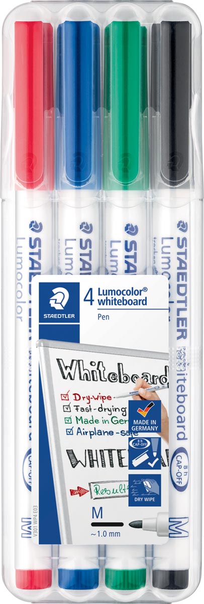 Staedtler whiteboard pen Lumocolor Pen, opstelbare box met 4 stuks in geassorteerde kleuren 10 stuks, OfficeTown