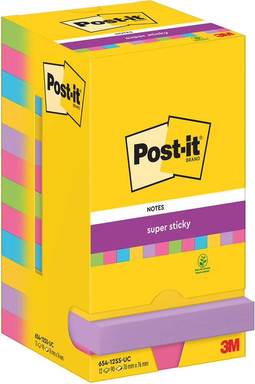 Post-It Super Sticky Notes, 90 vel, ft 76 x 76 mm, assorti, pak van 12 blokken 12 stuks, OfficeTown