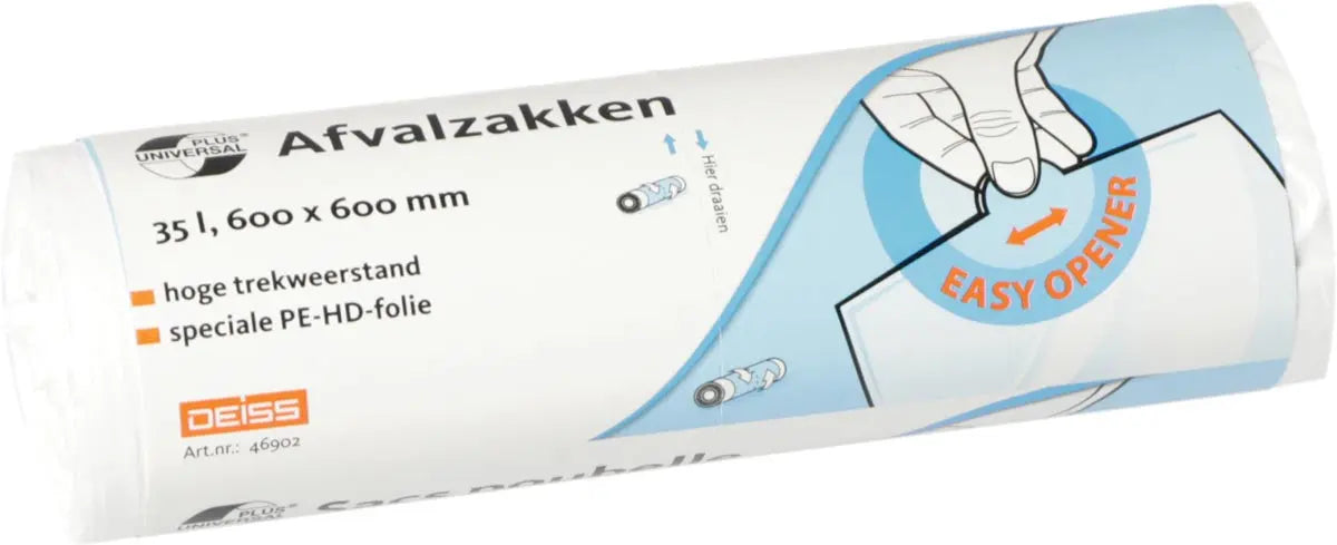 Universele Plus afvalzak 10 micron, afmetingen 60 x 60 cm, 35 liter, wit, rol van 50 stuks