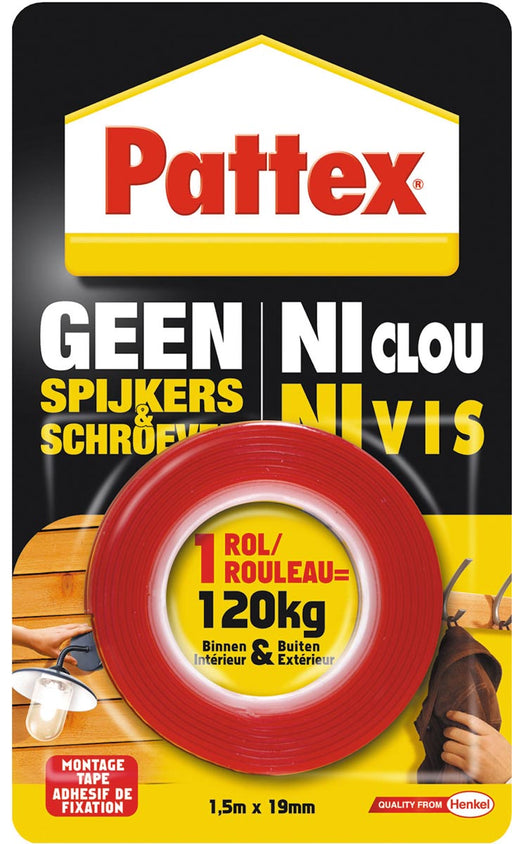 Pattex montagetape Geen Spijkers & Schroeven, ft 1,5 m x 19 mm, draagt tot 120 kg, blisterverpakking 12 stuks, OfficeTown