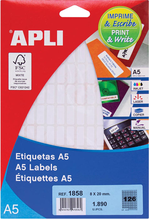 Witte etiketten Apli Print & Write ft 8 x 20 mm, 1.890 stuks met ronde hoeken