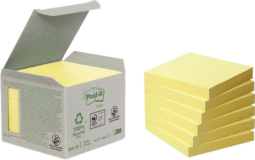 Post-it Recycled notes, 100 vel, ft 76 x 76 mm, geel, pak van 6 blokken 24 stuks, OfficeTown