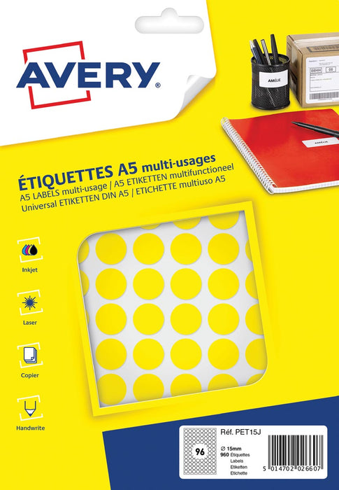 Avery PET15J ronde markeringsetiketten, diameter 15 mm, blister van 960 stuks, geel 5 stuks, OfficeTown