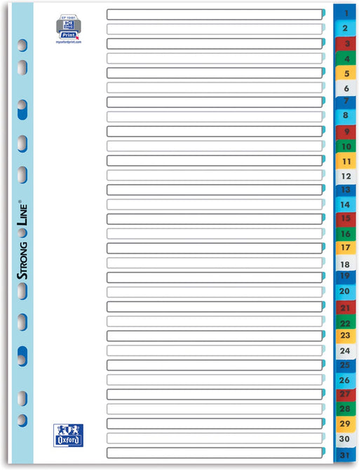 OXFORD tabbladen, formaat A4, uit PP, 11-gaatsperforatie, gekleurde tabs, set 1-31 25 stuks, OfficeTown