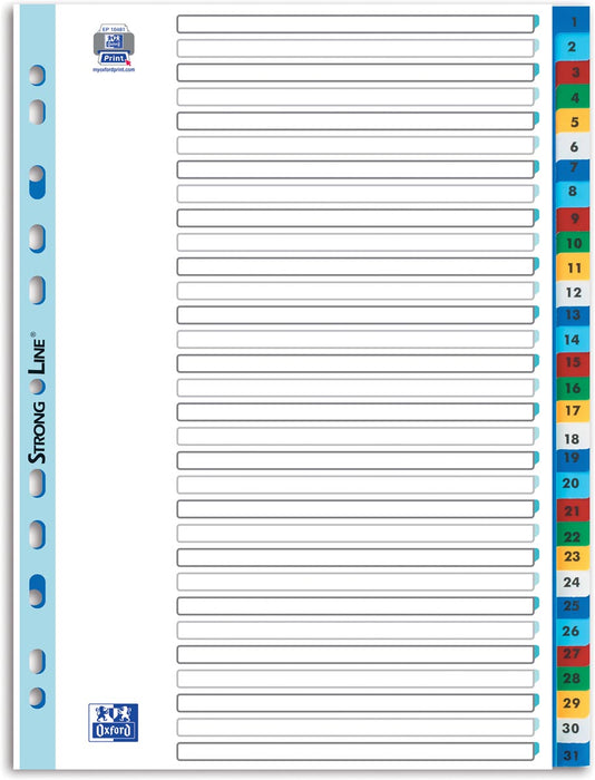 OXFORD tabbladen, formaat A4, uit PP, 11-gaatsperforatie, gekleurde tabs, set 1-31 25 stuks, OfficeTown