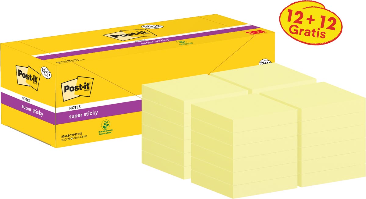 Post-it Super Sticky Notes, 90 vellen, afmetingen 76 x 76 mm, geel, bundel van 12 blokken + 12 gratis